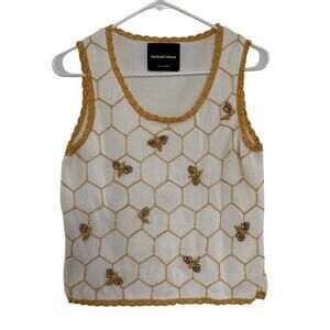 Y2K Michael Simon Knit crochet Bumblebee beaded Vest white gold yellow S/M
